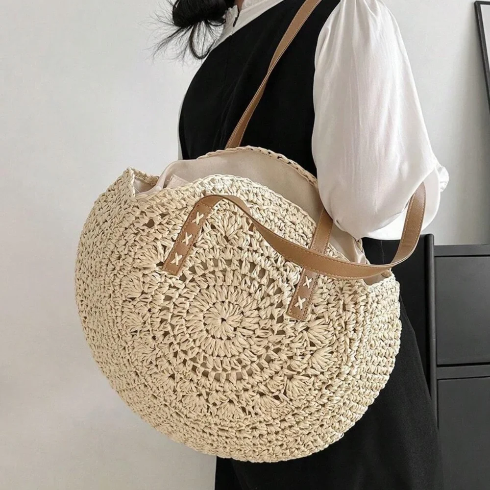 Oversized Straw Circular Lined Tote Shoulder Beach Bag - Picture 1 of 7